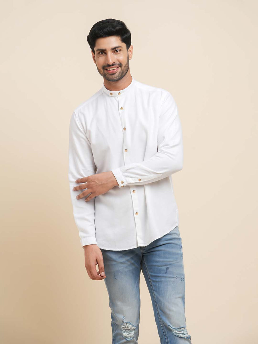 Extended Mandarin Collar White Shirt - Explore