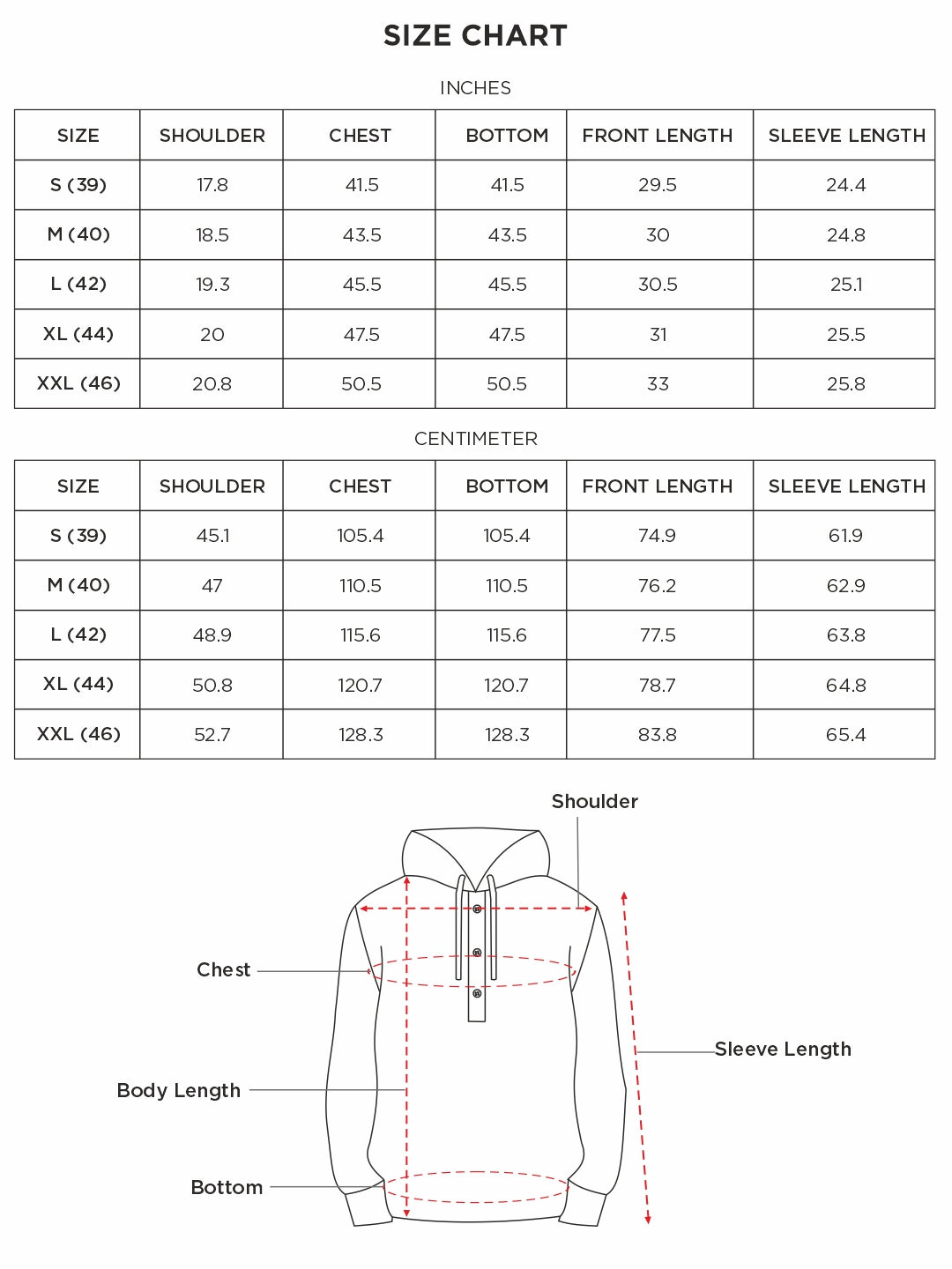 Size chart for CM