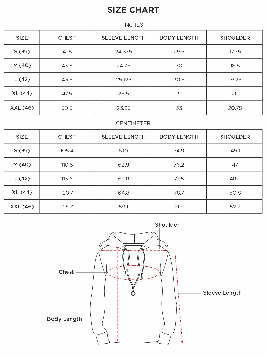 Size chart for Inches