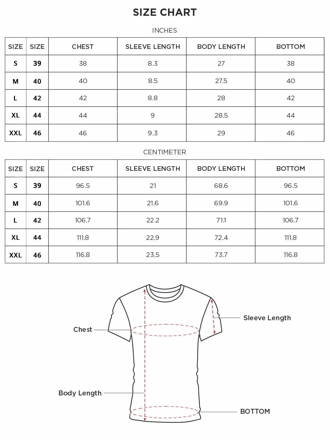 Size chart for Inches