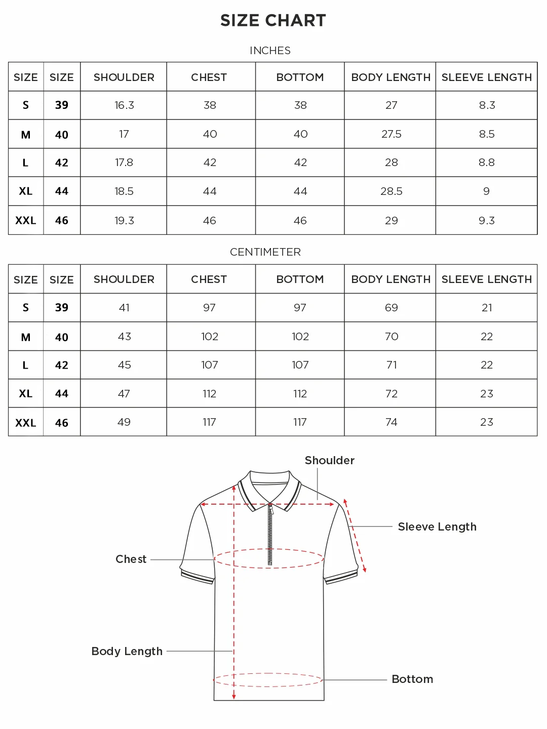 Size chart for Inches