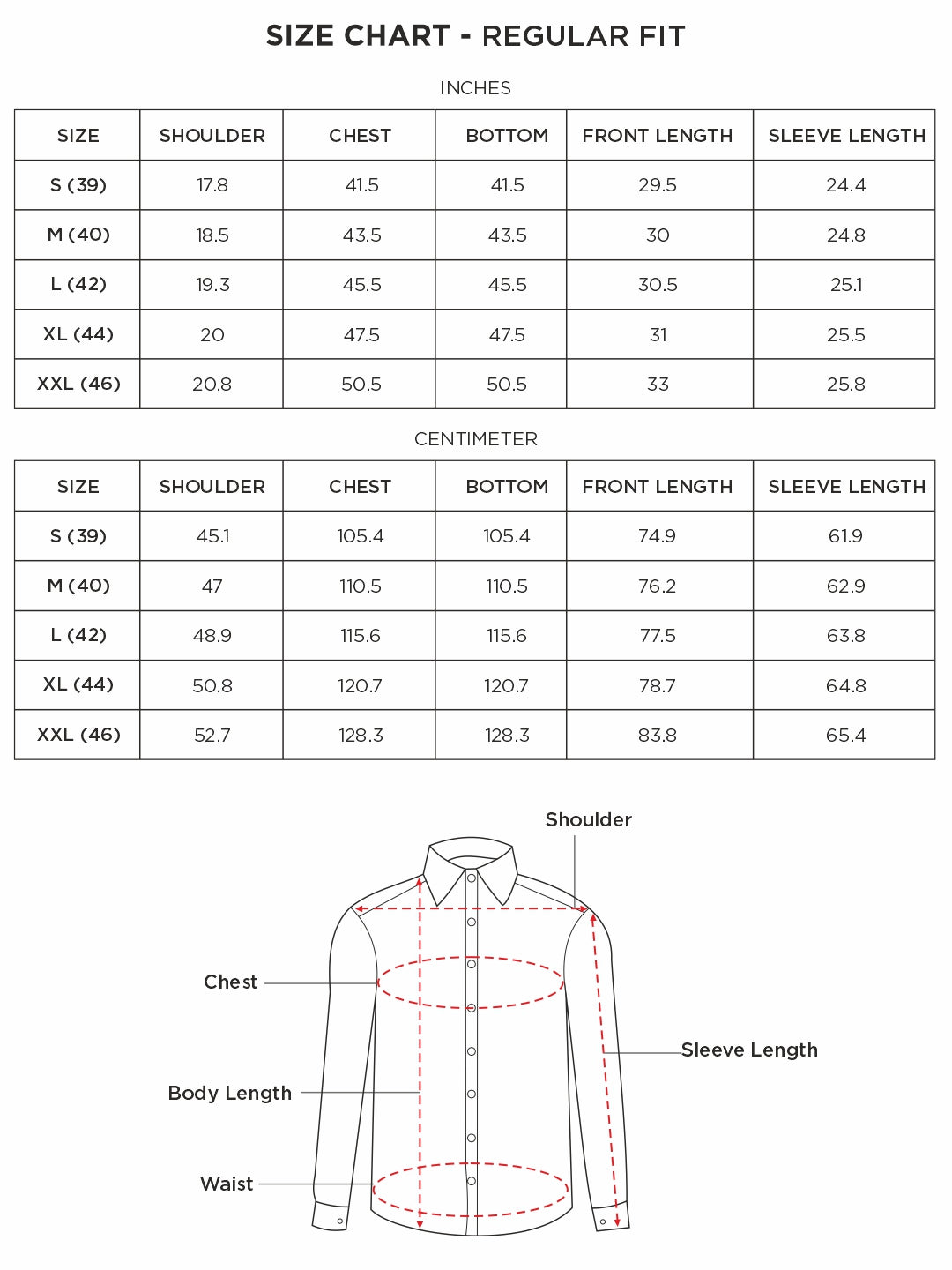 Size chart for Inches
