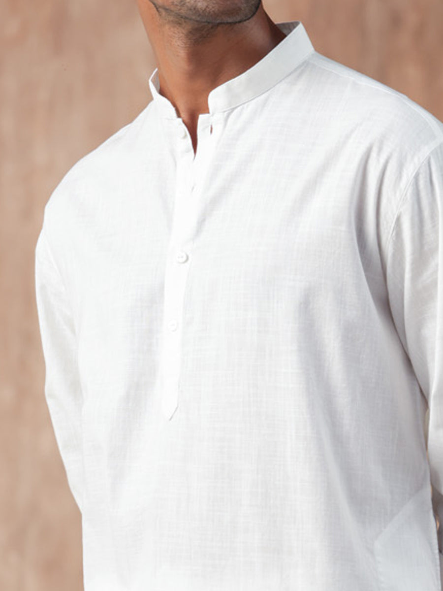 100% Cotton White Mandarin Collar Kurta - Harmony