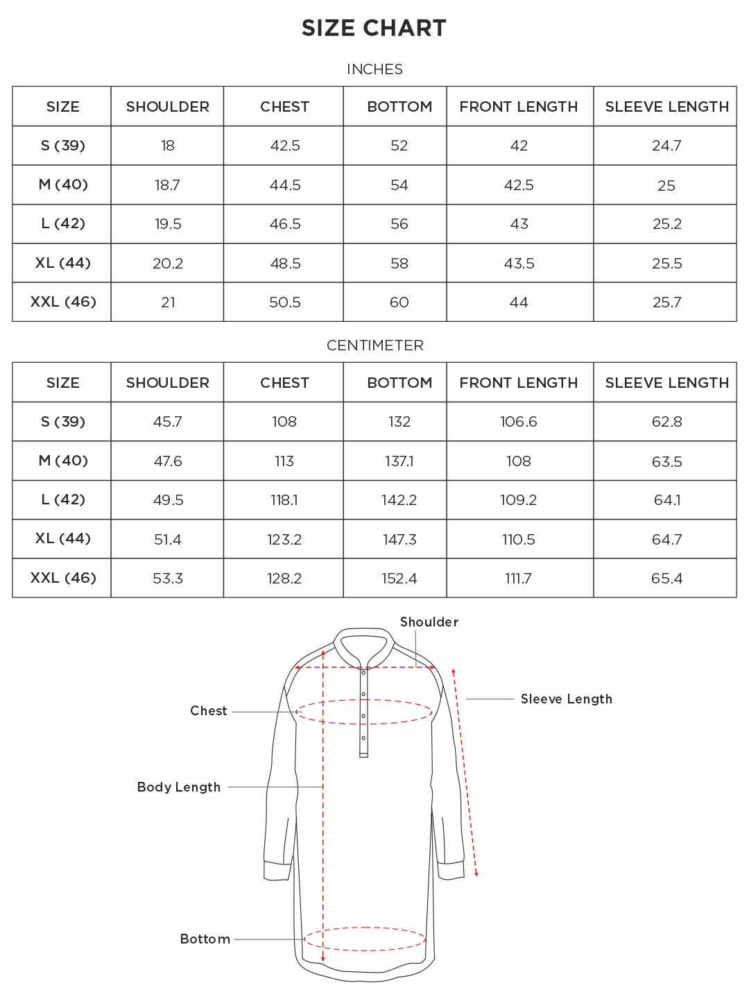 Size chart for Inches