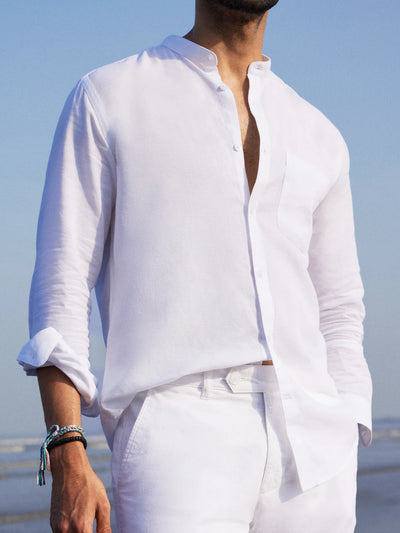 White cotton & linen Mandarin collar shirt Zephyr