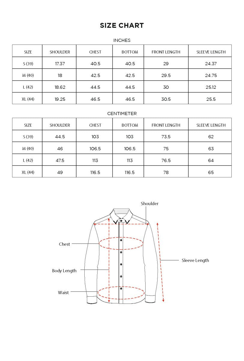 Size chart for Inches