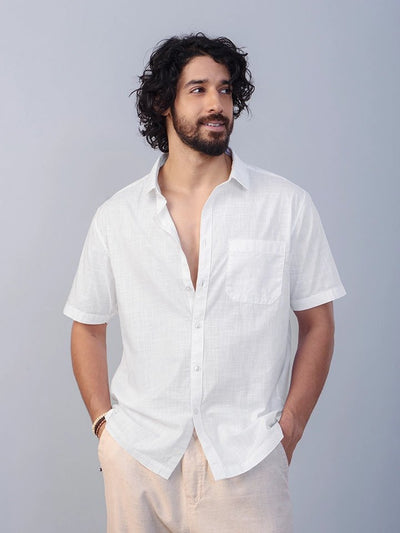 Nityam White Cotton American Placket half sleeve Shirt
