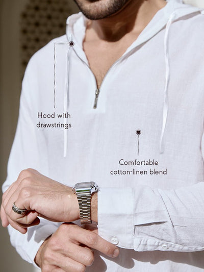 Cocoon White Linen Blend Hooded Zipper Shirt