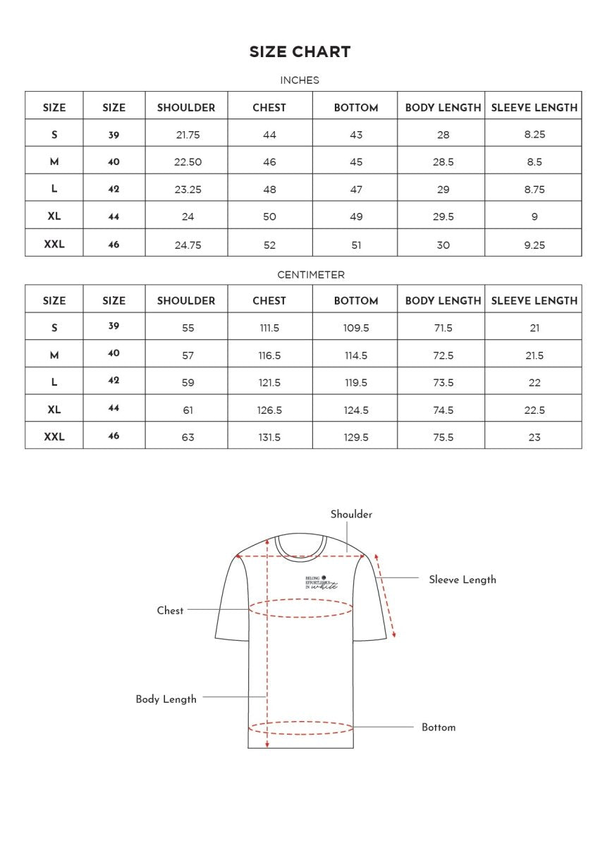 Size chart for Inches