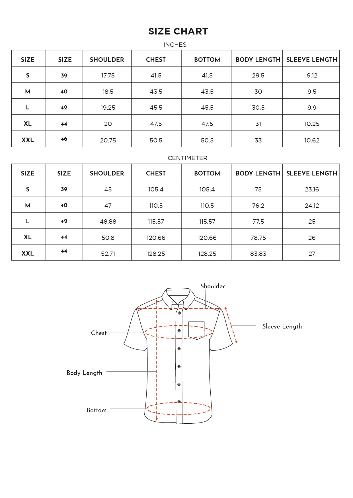 Size chart for Inches