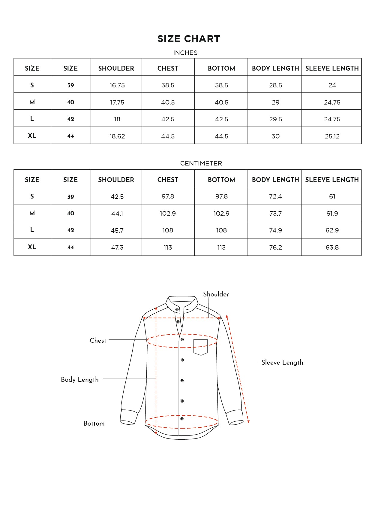 Size chart for Inches