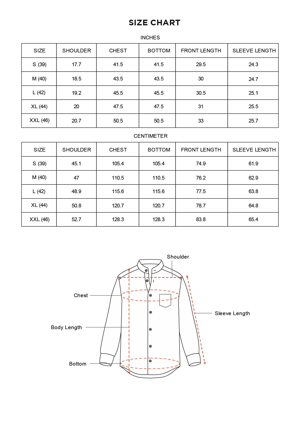 Size chart for Inches