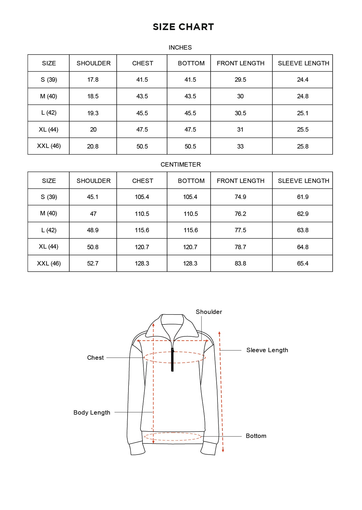 Size chart for Inches