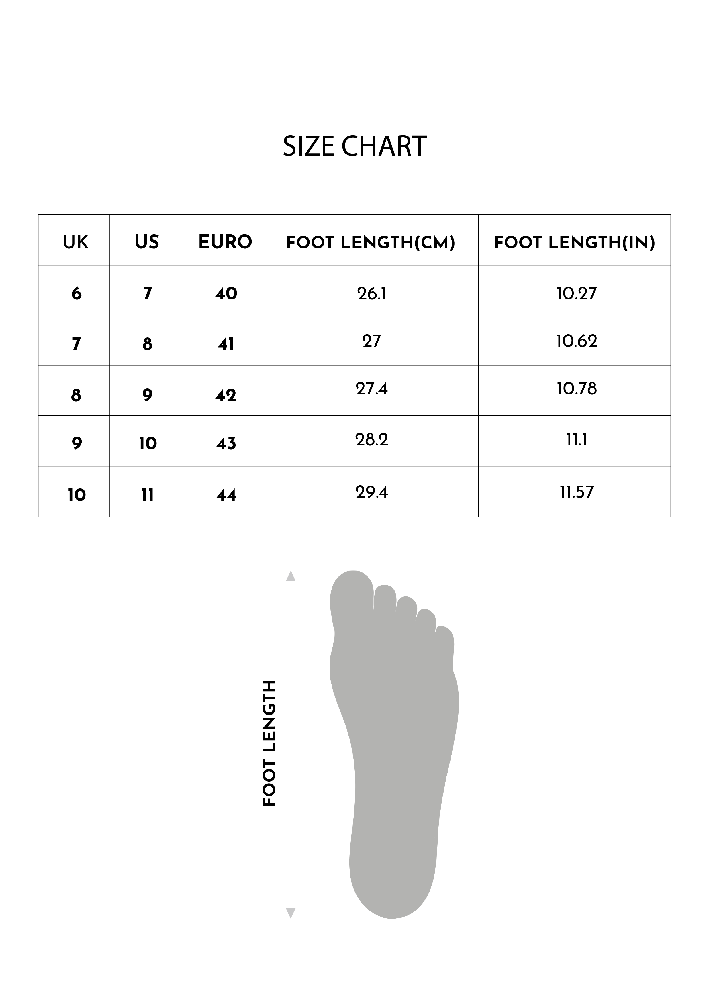 Size chart for Inches