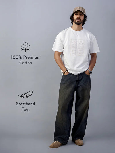 Stamps White Oversized Cotton Embroidered Tee - premium cotton