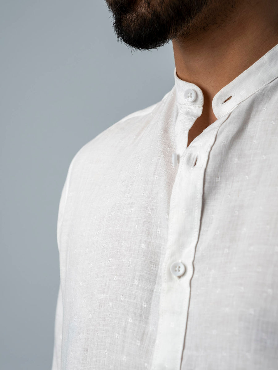 Mandarin Collar Dobby Linen White Shirt - Splash