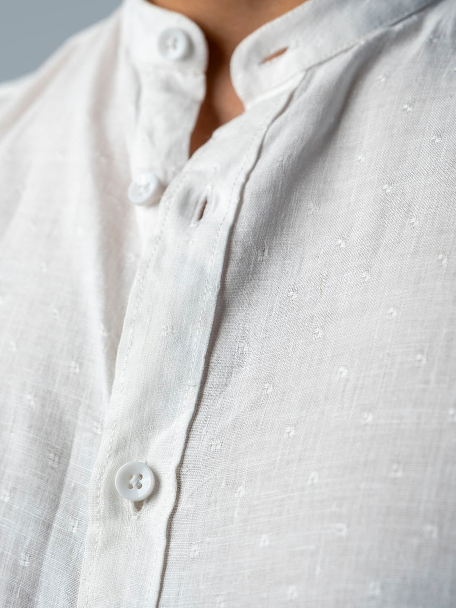 Mandarin Collar Dobby Linen White Shirt - Splash