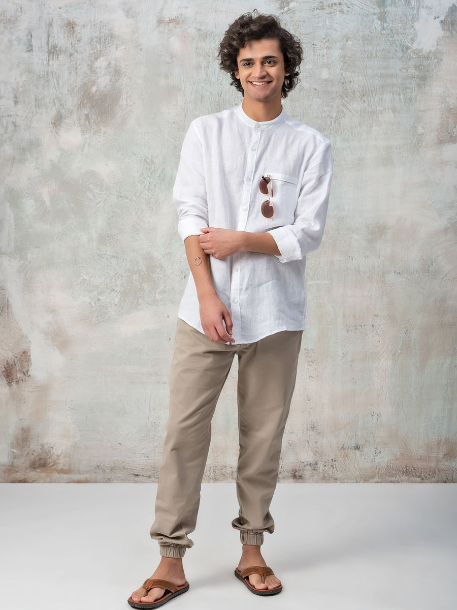 Mandarin Collar Welt Pocket Linen Shirt - Mellow
