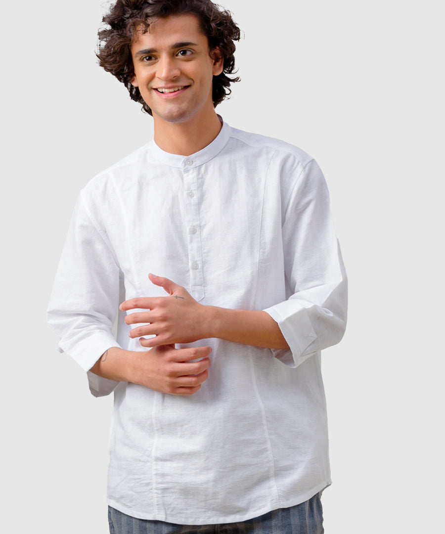 Panel Detail Cotton Linen White Kurta - Halfway