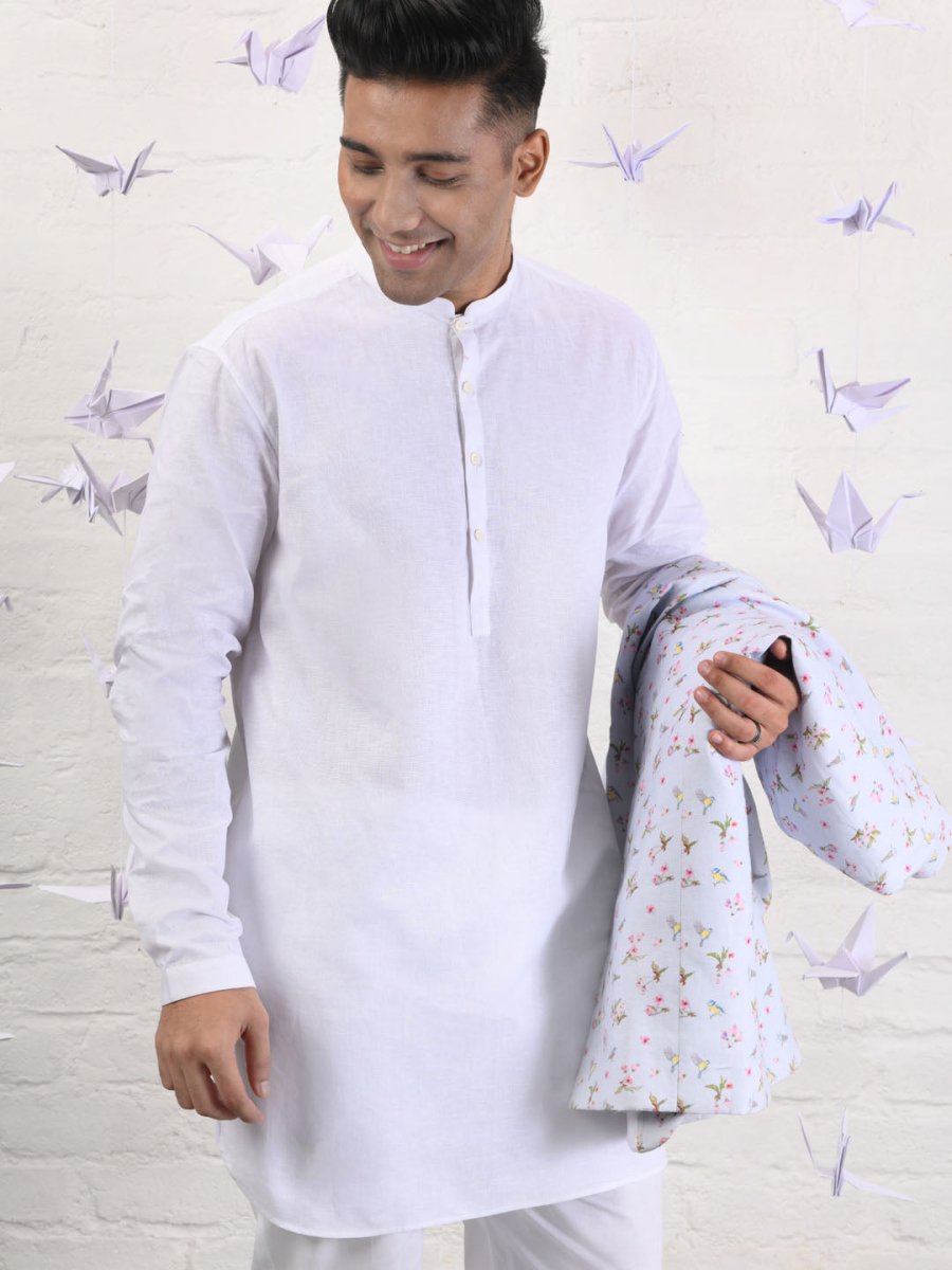 Feather Light Mandarin Long White Kurta - Nagai