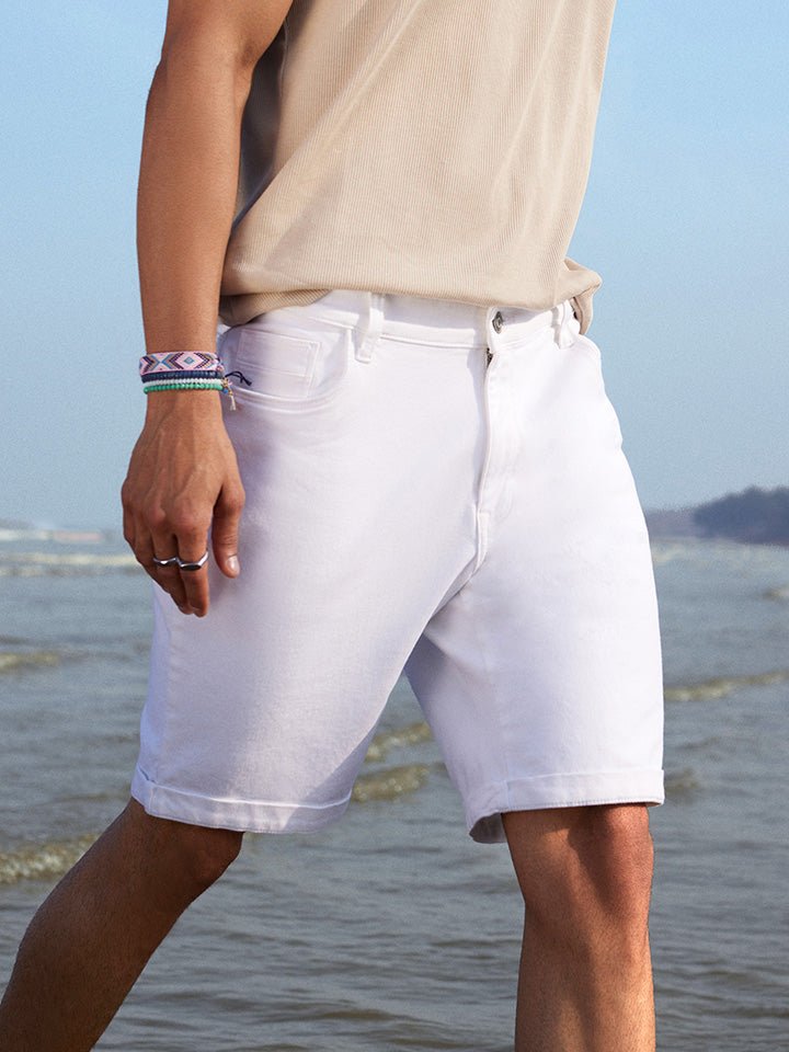 White Knitted Denim Cotton Shorts - Verve