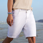 White Knitted Denim Cotton Shorts - Verve