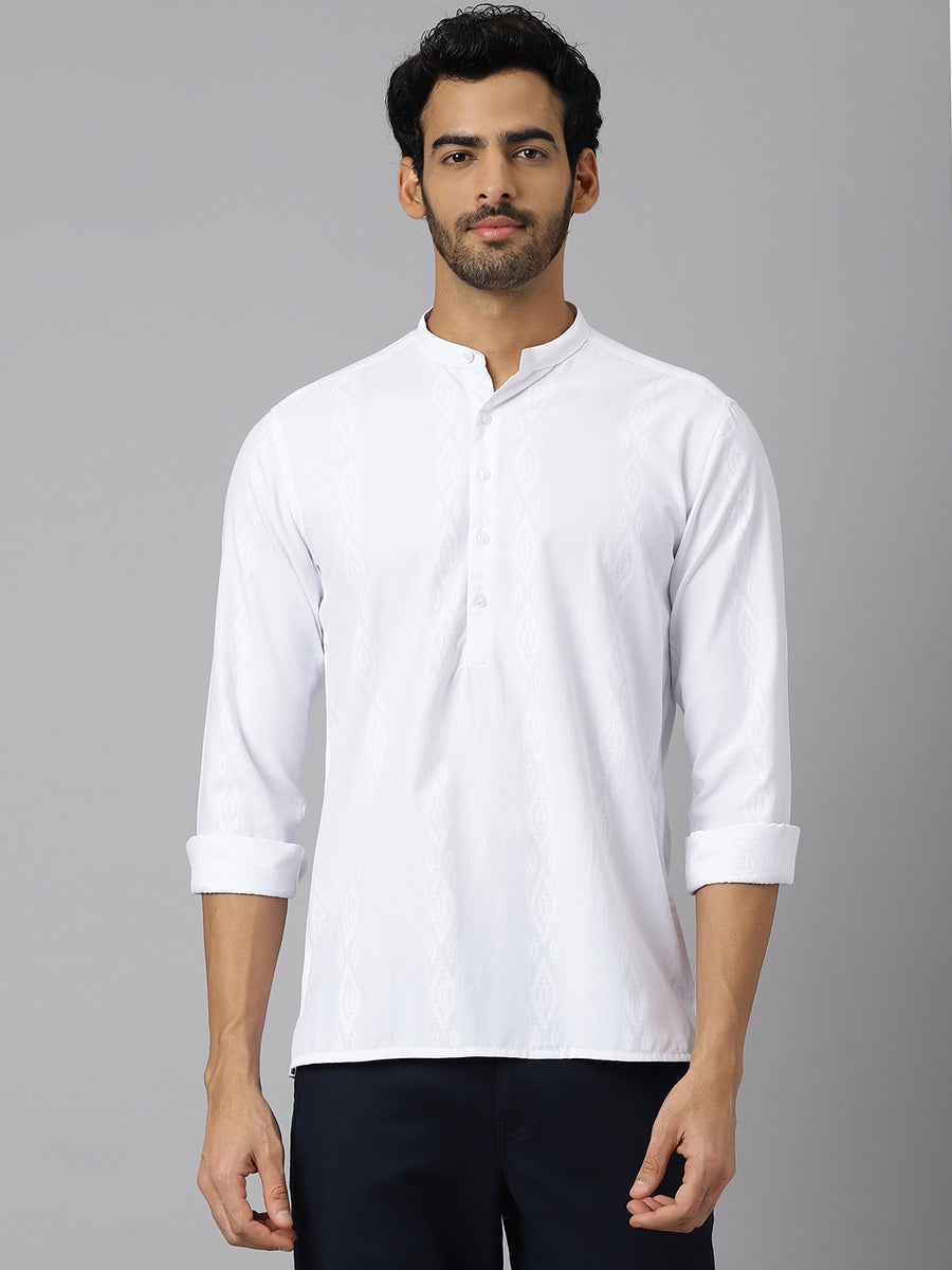 Mandarin Collar Jacquard Pattern White Shirt - Causeway