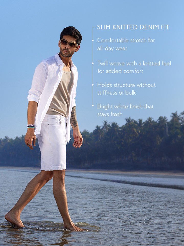 White Knitted Denim Cotton Shorts - Verve
