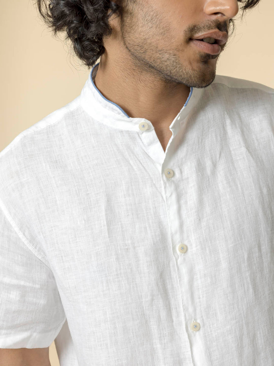 Mandarin Collar Pure Linen White Shirt - Relajarse