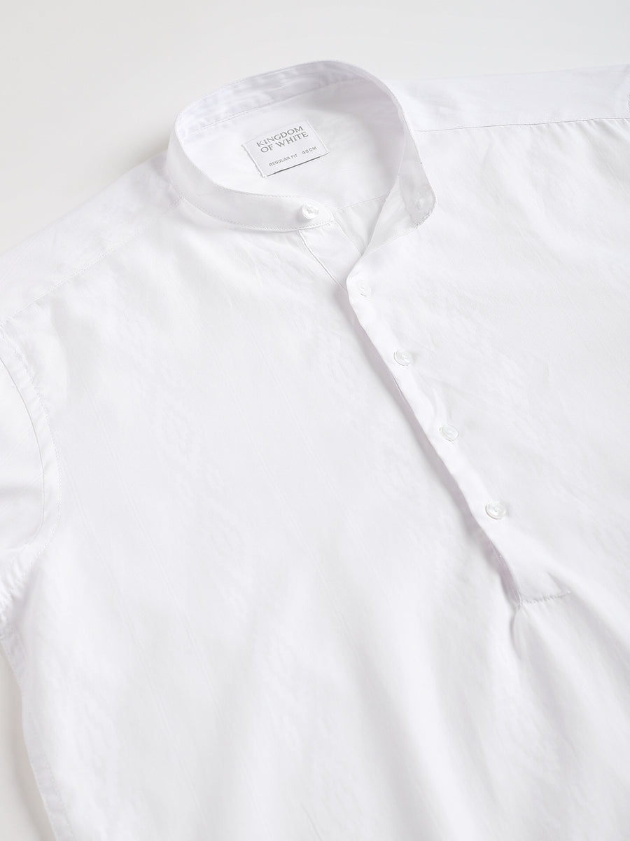 Mandarin Collar Jacquard Pattern White Shirt - Causeway