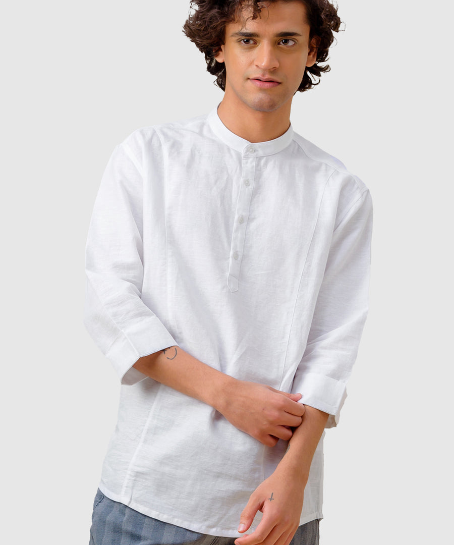 Panel Detail Cotton Linen White Kurta - Halfway