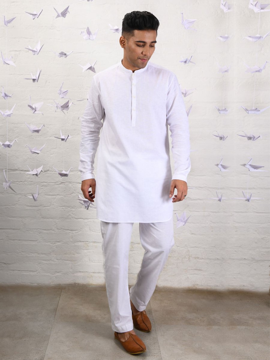 Feather Light Mandarin Long White Kurta - Nagai