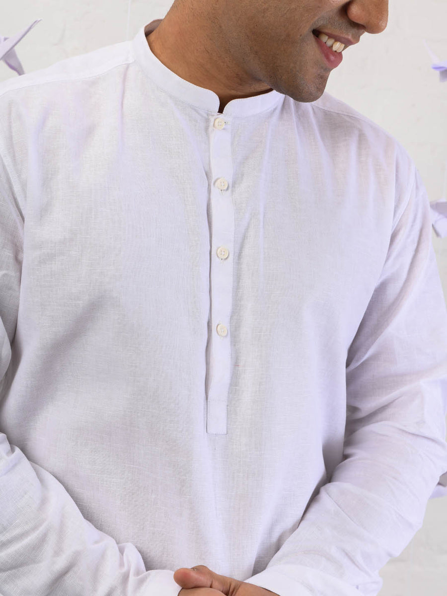 Feather Light Mandarin Long White Kurta - Nagai