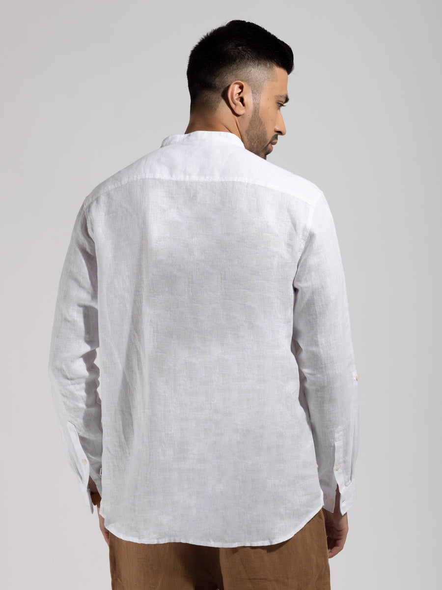 Mandarin Collar Woven White Kurta - Essence