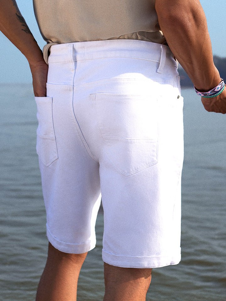 White Knitted Denim Cotton Shorts - Verve