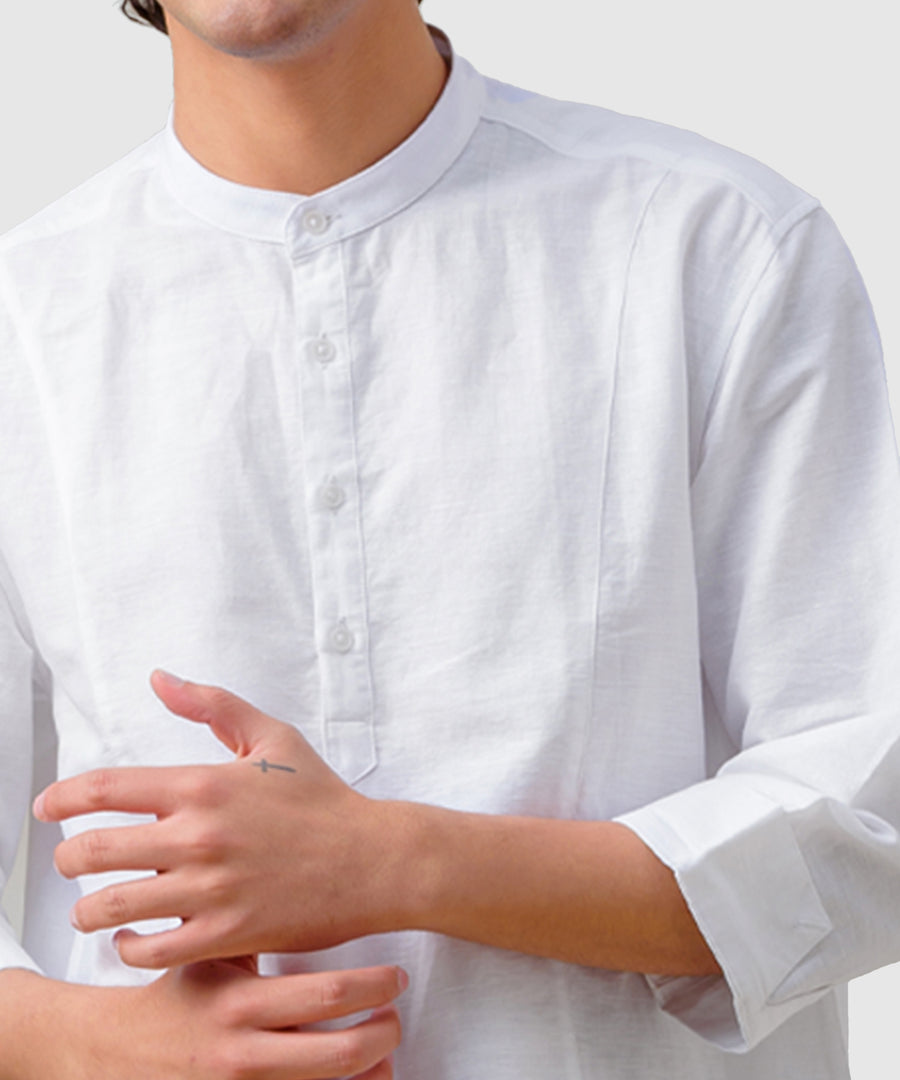 Panel Detail Cotton Linen White Kurta - Halfway