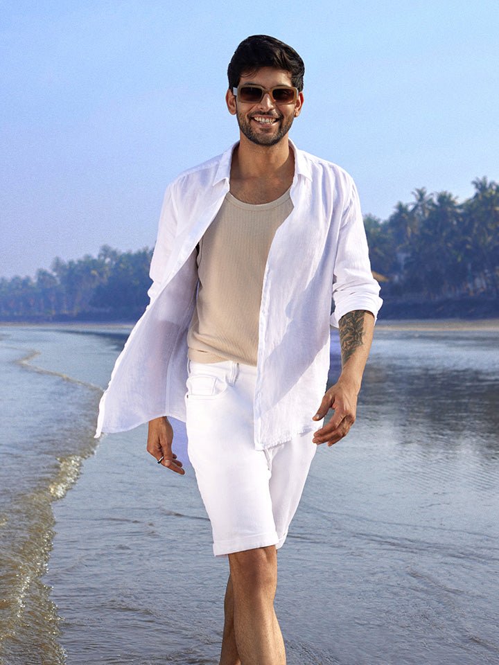 White Knitted Denim Cotton Shorts - Verve