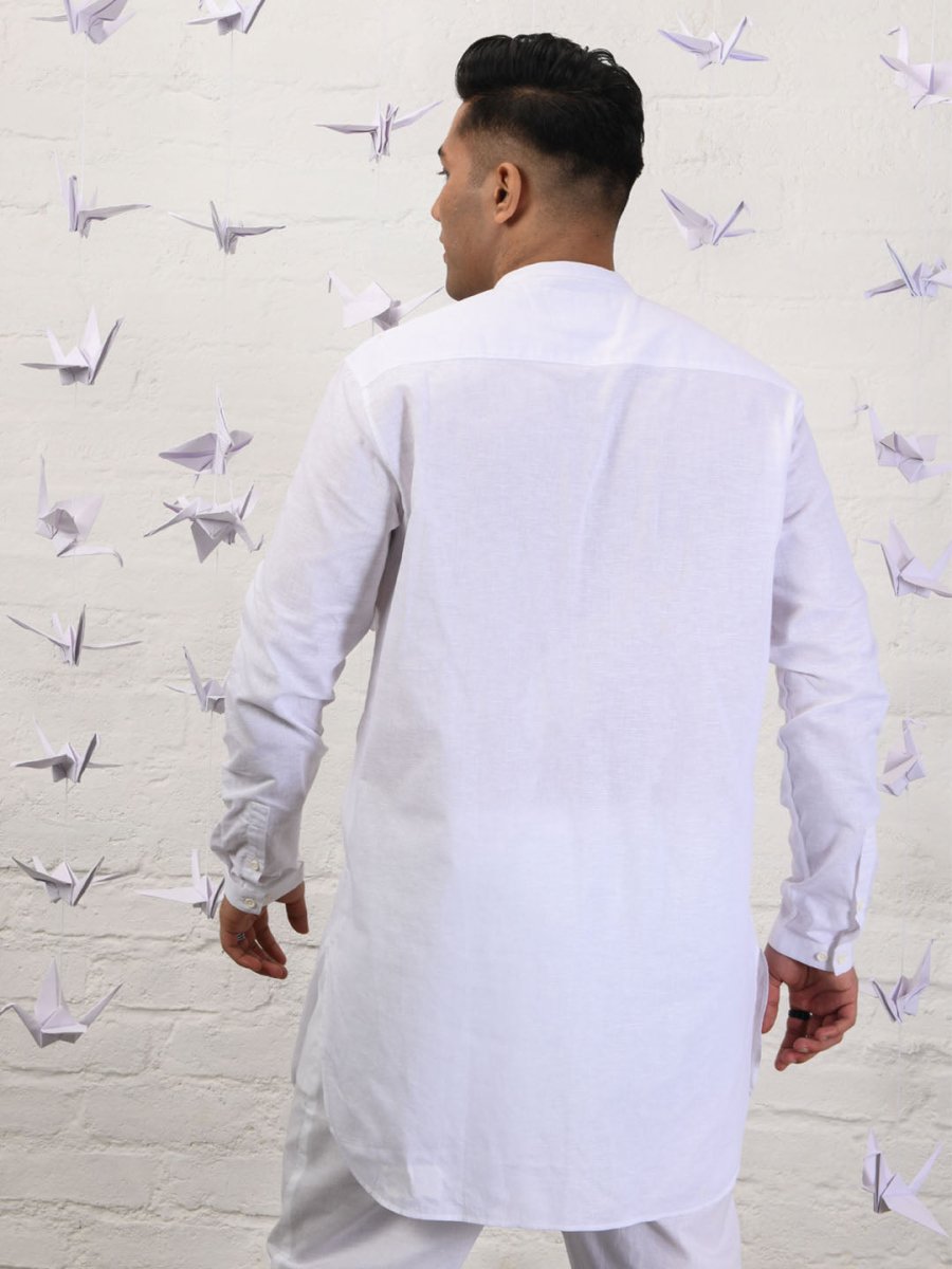 Feather Light Mandarin Long White Kurta - Nagai