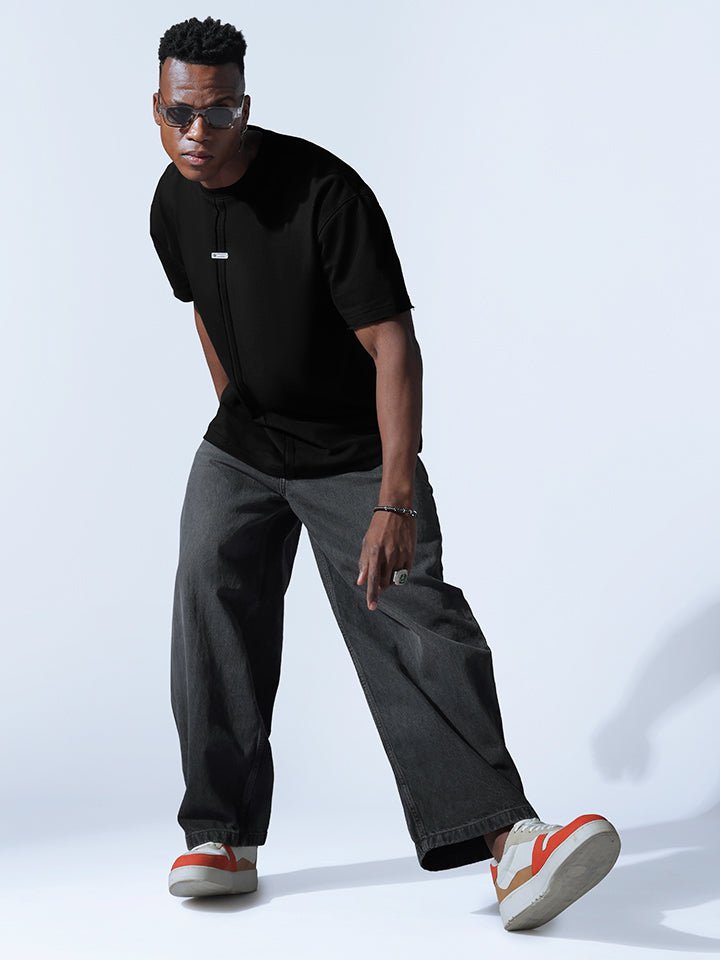 crew neck collar oversized Cotton Black T-shirt