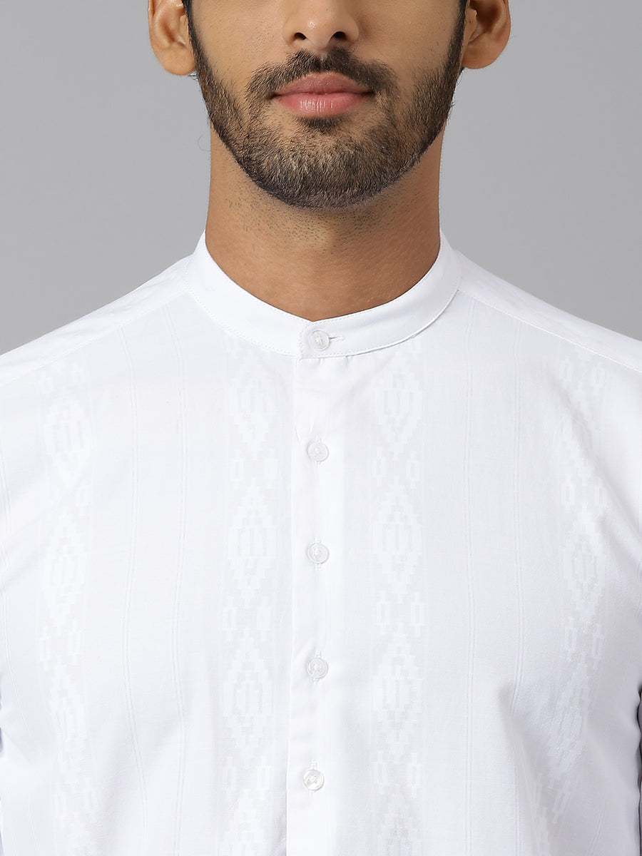 Mandarin Collar Jacquard Pattern White Shirt - Causeway