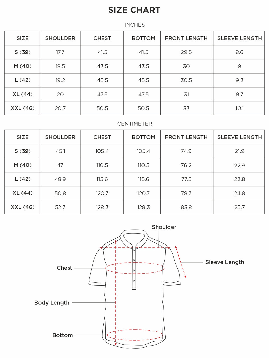 Size chart for Inches