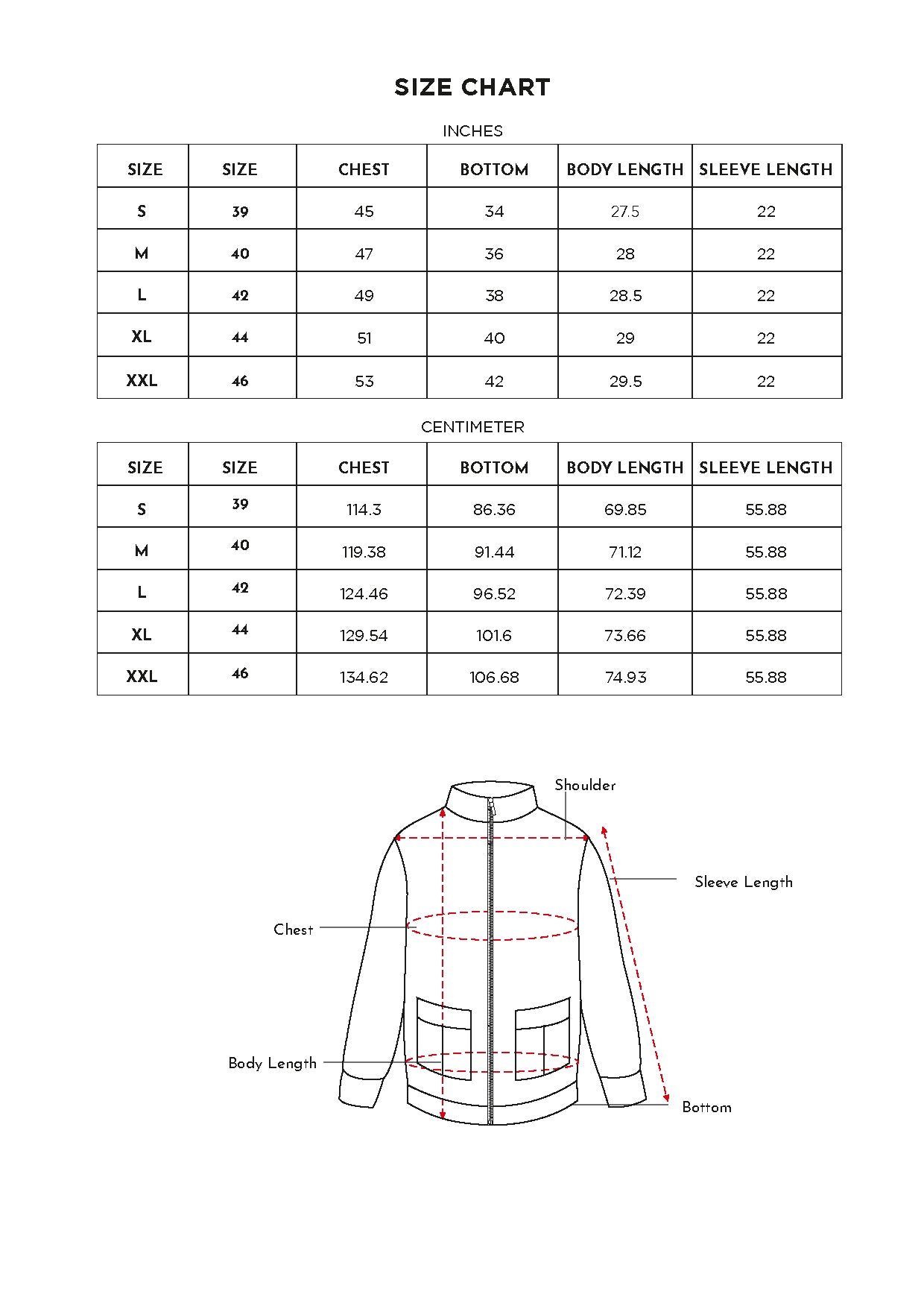 Size chart for Inches