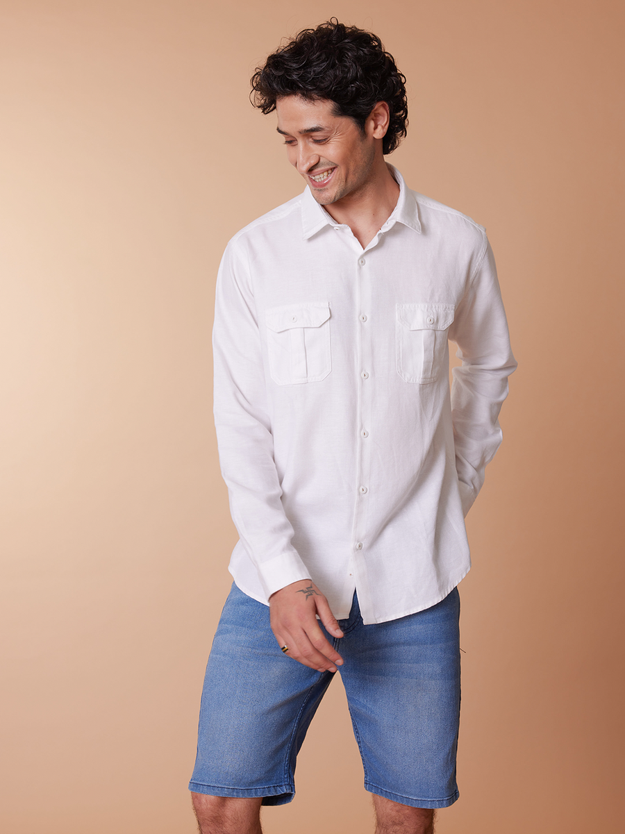 Front Pleated Cotton Linen White Shirt - Koro