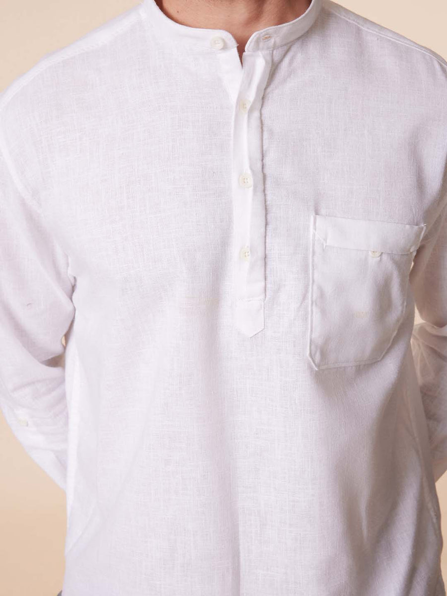 Patch Pocket Mandarin Kurta Style White Shirt - Root In