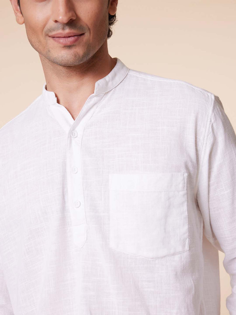 V-Neck Diamond Pocket White Shirt - Vedic