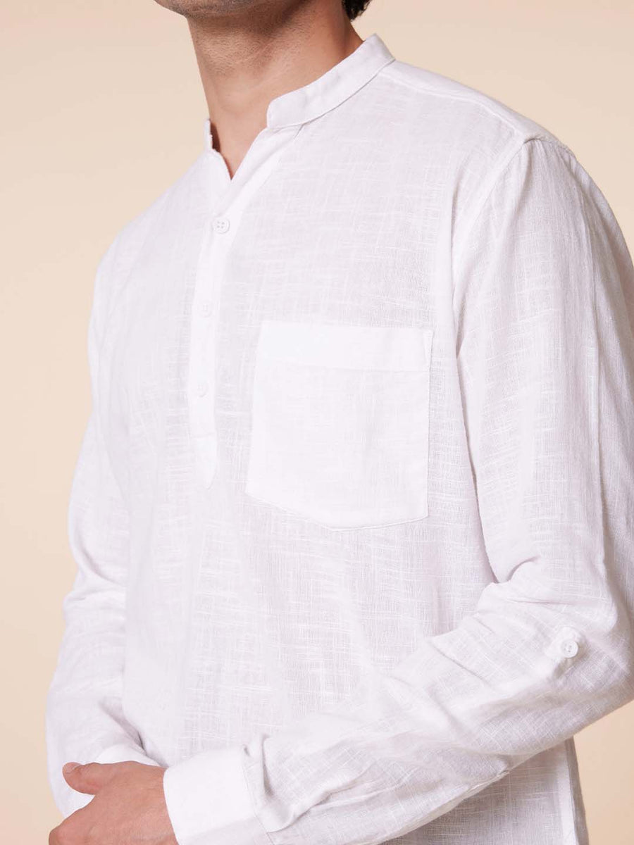 V-Neck Diamond Pocket White Shirt - Vedic