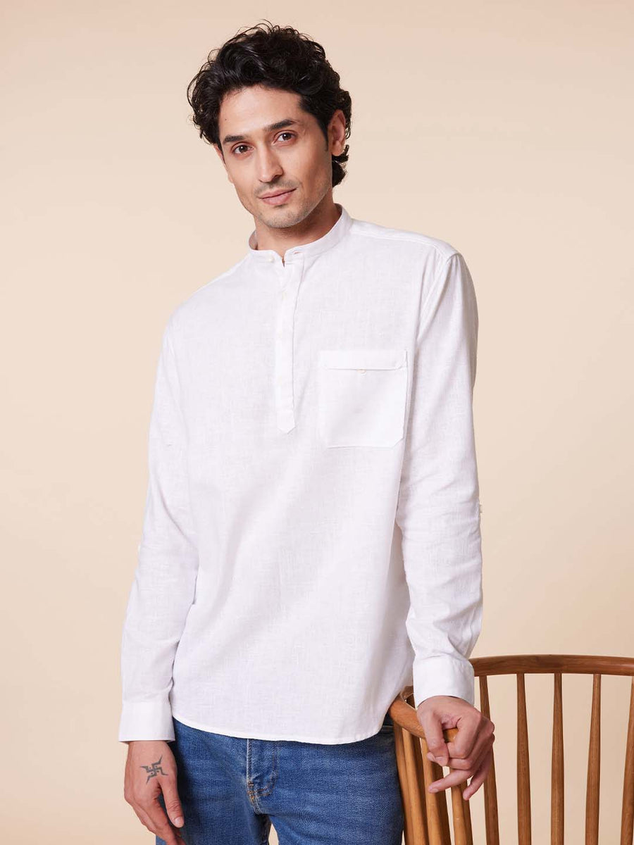 Patch Pocket Kurta Style White Shirt - Root In