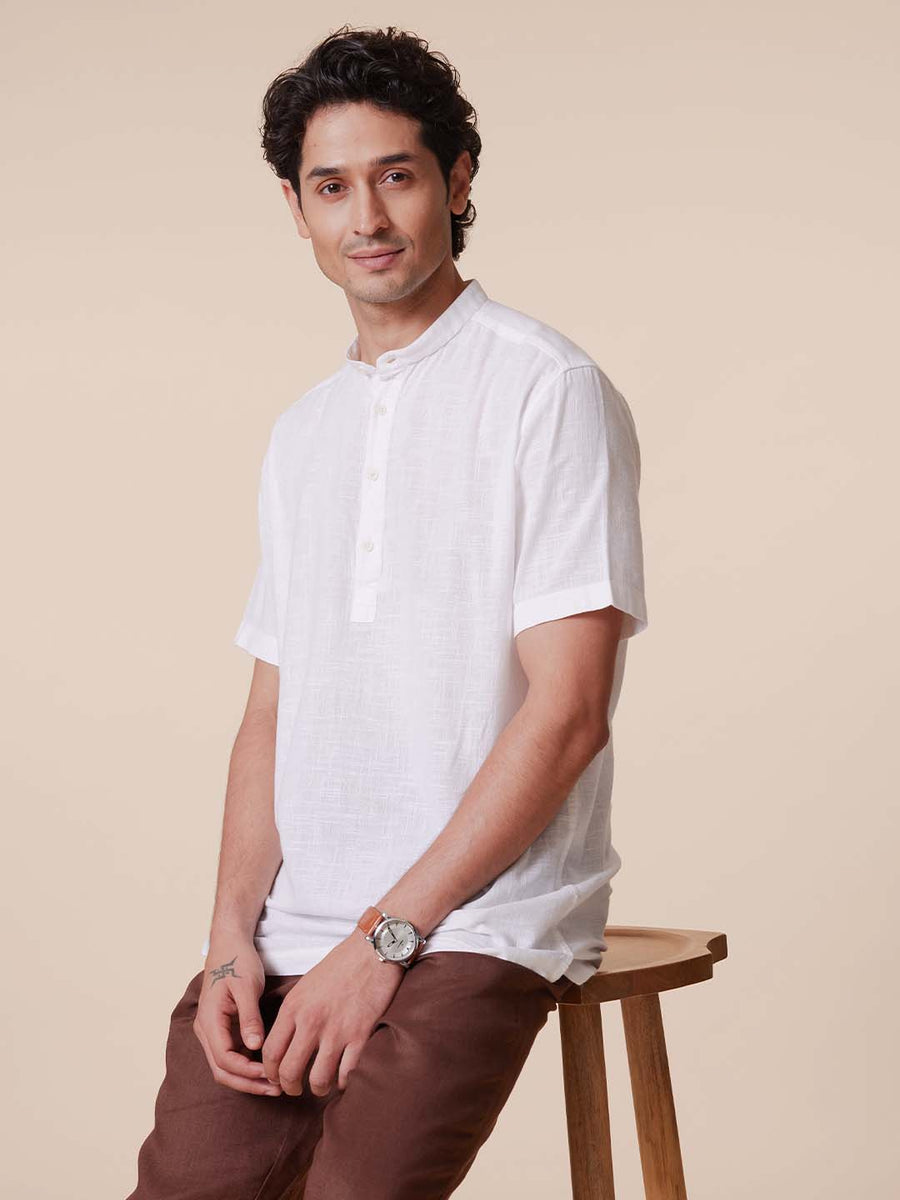 Mandarin Collar Pure Cotton White Shirt - Ethno