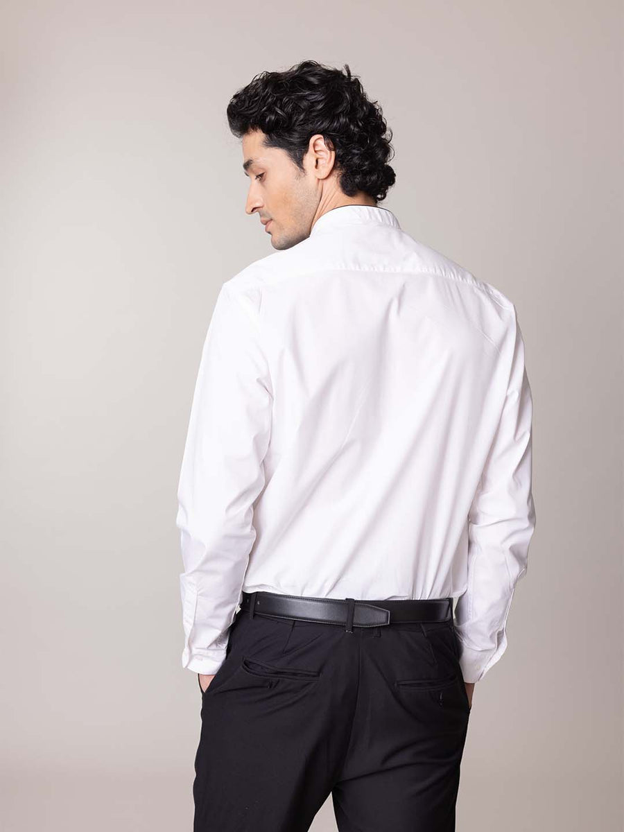 Mandarin Collar Stretch Poplin White Shirt - Cosmo