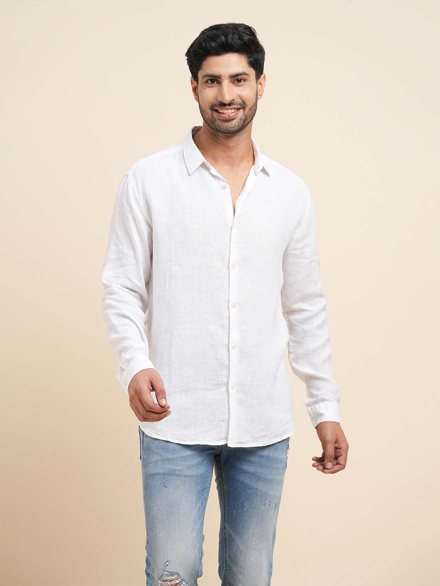 French Placket Pure Linen White Shirt - Se Relaxer